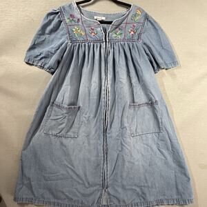Go Softly Patio Dress Large L Denim Embroidered Cross Stitch Zip Front Chambray